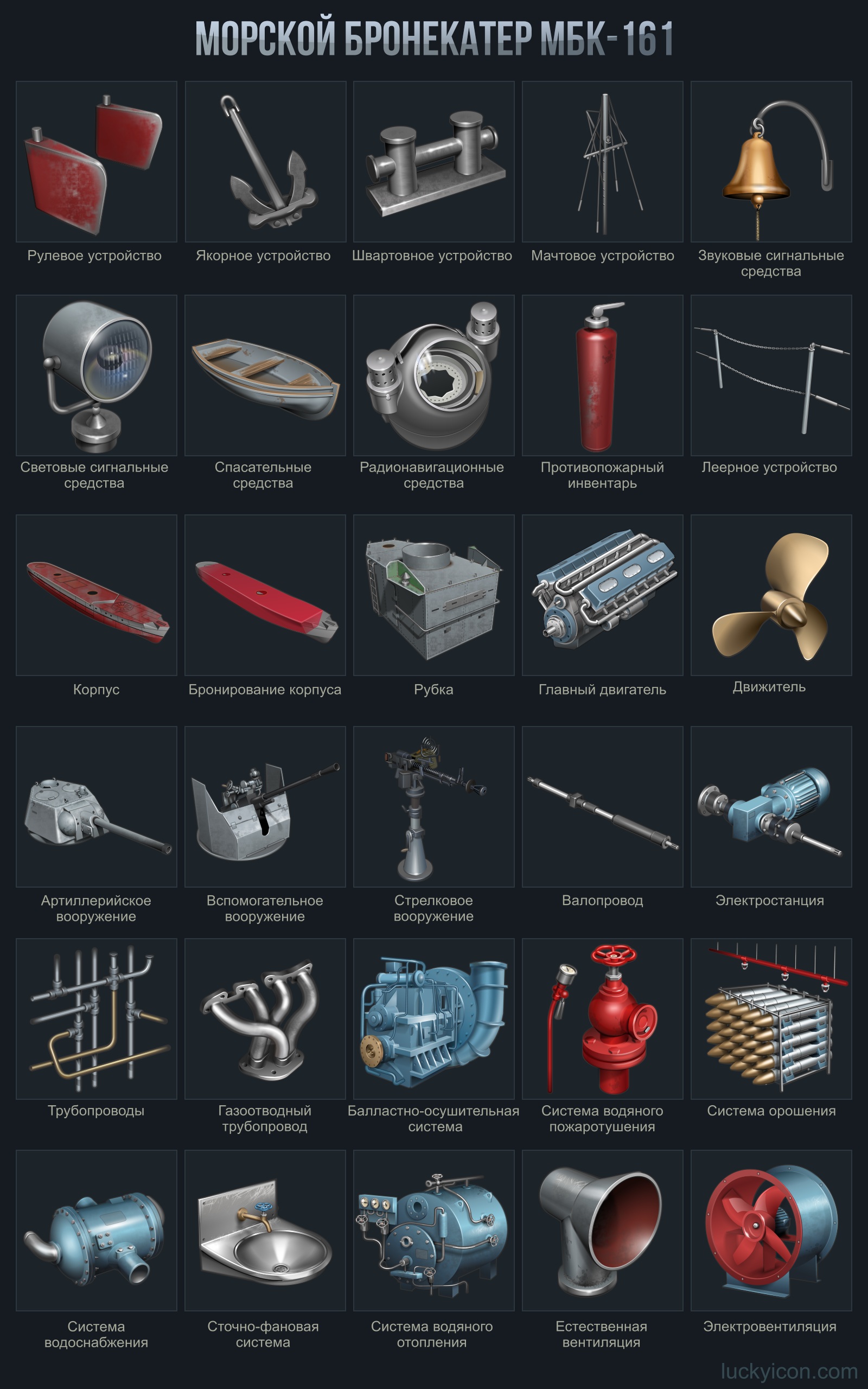 Icons of devices and materials for the War Thunder game from Gaijin